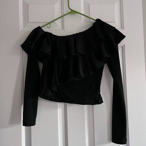 Alice and Olivia black one shoulder ruffle long sleeve top going out fashion